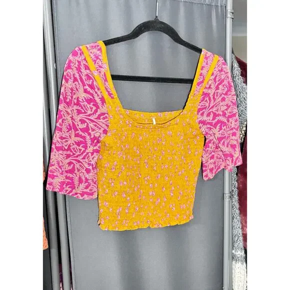 Free People Smocked Crop Top Ditsy Floral Mustard Magenta Boho Sz S - Picture 2 of 5